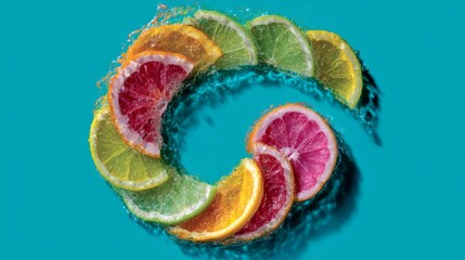 Colorful Citrus Fruit Slices in Water Splash on Vibrant Background