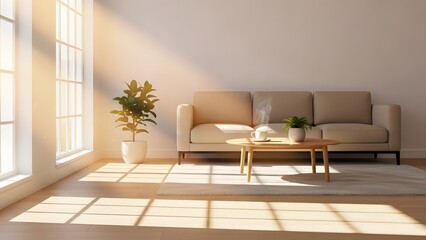 Peaceful Morning Sunlight in Modern Minimalist Living Room Interior. Calm, Clean Home Lifestyle Scene with Copy Space and Realistic Lighting