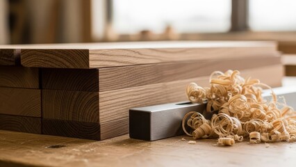 Stacked wood planks and a metal plane rest on a workbench amidst wood shavings suggesting a woodworking setting