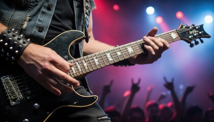 Obraz premium Close up of a musician playing an electric guitar on a stage with a crowd in the background during a concert with red and blue spotlights creating a dynamic atmosphere