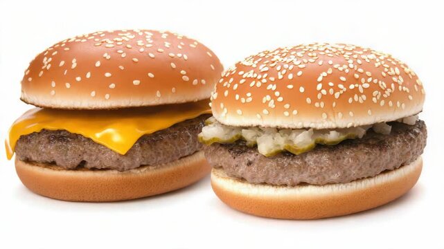 Juicy cheeseburger burger on sesame bun with beef patty cheese slice and pickle sides