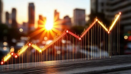 Sunset city skyline glowing financial growth chart overlay showing rising data trend and optimism - Powered by Adobe