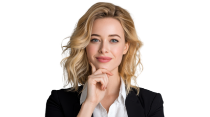 Contemplative Woman: A portrait of a woman of intelligence, radiating confidence as she ponders a solution with a delicate touch to her chin. 