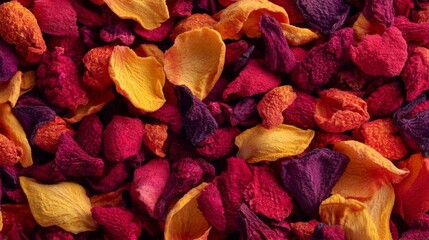 Vibrant Petals in Red, Purple and Yellow Arranged in Abstract Design