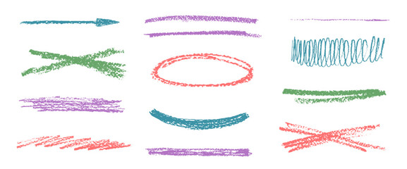 Crayon drawn brushstrokes set. Pencil brush stroke lines and strikethrough streaks. Hand drawn kid textured rough stripe, emphasis freehand elements. Arrow, highlights, oval. Vector crayon separators.