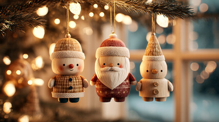 Set of three Christmas character ornaments hanging on a tree branch. Decorative holiday figurines in bright colors with soft bokeh lights create a warm festive atmosphere.