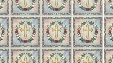a bold seamless tile design for st agnes day features a delicate floral border framing a small cross on a soft pastel backdrop