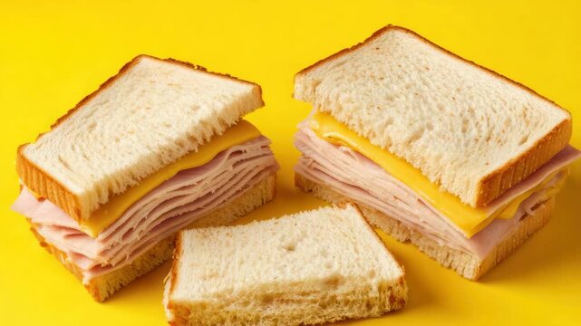 Sliced ham and cheese sandwich white bread with sliced meat on yellow background, appetizing stack