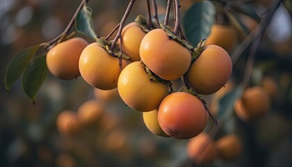 Close up of ripe orange persimmons hanging from a tree branch with green leaves and blurred background during autumn season with soft natural lighting
