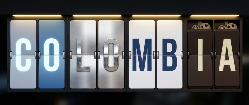 colombia airport split flap display title set with the word colombia spelled across flipboard tiles includes four different board styles