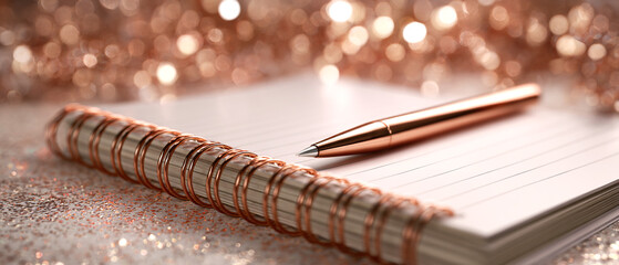 Elegant notebook and pen placed on a shimmering golden surface. Festive stationery flatlay for holiday planning, New Year goals, creative notes, seasonal branding and stylish lifestyle designs.