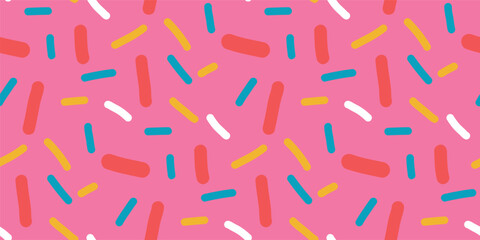 Sweet sprinkles seamless pattern. Donut, candy, cake strawberry topping for a birthday background. Vector playful pink confetti design for party themes, bakery packaging or baby shower projects.
