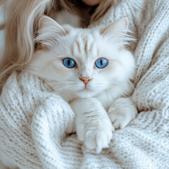 Cute white cat with striking blue eyes being gently held by a person in a cozy white sweater, creating a warm and affectionate atmosphere with soft, low-contrast tones. Ideal for commercial use in pet