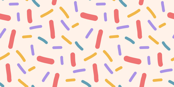 Sprinkles multi color seamless pattern. Small dash funky random sprinkles background. Simple birthday confetti wallpaper. Vector surface design. Fun party repeat illustration print design.