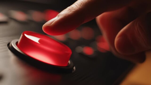 Finger Pushing a Bright Red Round Button on Dark Control Panel