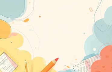 Artistic Stationery Composition: A vibrant stationery arrangement is crafted using a palette of soft colors, showcasing a pencil, notebook, and paper.