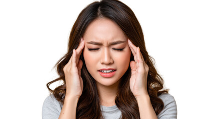 Fototapeta premium The Weight of the World: A portrait of a woman embodying stress, with her fingers pressing against her temples as the weight of the world seems to bear down on her.