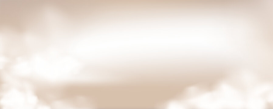 Beige cream smoke cloud studio background. Heaven fog sky template. Brown gradient backdrop with white mist elements. Pastel caramel colors clouds on floor. Vector illustration.