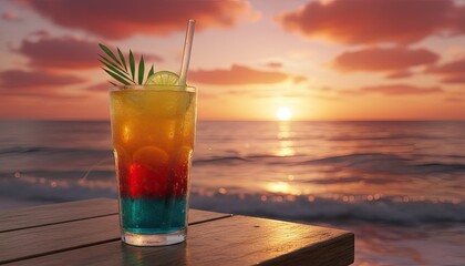 Colorful layered cocktail drink with straw and garnish placed on wooden table overlooking ocean sunset with dramatic clouds and golden light reflection on water