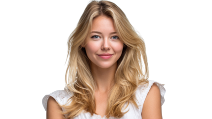 Radiant Beauty: A captivating portrait of a woman with flowing, sun-kissed blonde hair, radiating natural beauty, charm and positivity. 