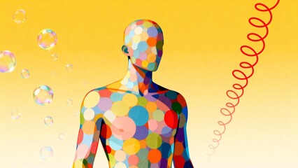 Colorful human figure with bubbles and spiral