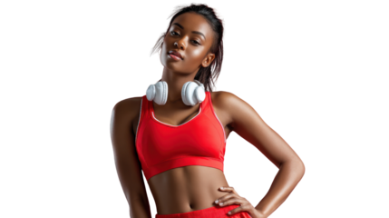 Fitness and Grace: An athletic woman radiates confidence, adorned in fitness attire with headphones casually draped around her neck. This portrait captures her strength and dedication to health.