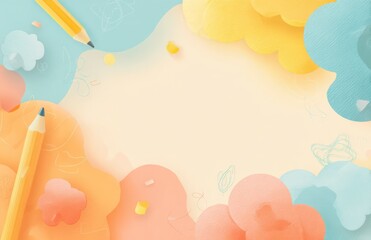 Artistic Dreamscape: Vibrant pencils and playful clouds dance across a soft canvas, crafting a whimsical scene that inspires creativity and imagination.