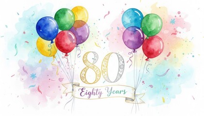 Colorful Watercolor Balloons Floating Above Eighty Years Text With Confetti And Splashes Of Pastel Colors Celebratory Background For 80th Birthday Party Or Anniversary Event