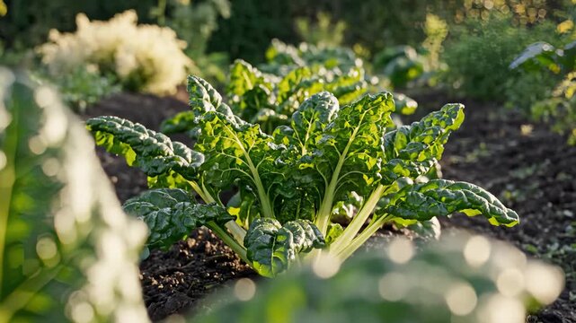 Close Up View of Swiss Chard Growing in Garden Bed on Sunny Day