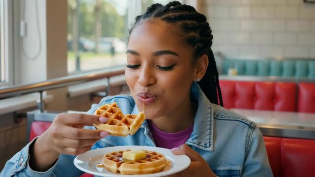 Young woman enjoying a delicious plate of waffles topped with butter in a brightly lit diner