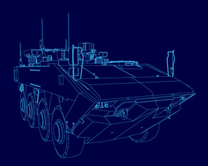 Blueprint of a military armored personnel carrier in white contour lines on a solid blue technical background.