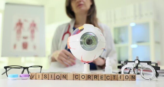 Wooden blocks on table spell words Vision Correction near giant eyeball model. Ophthalmology doctor explains blurred sight discussing lens options
