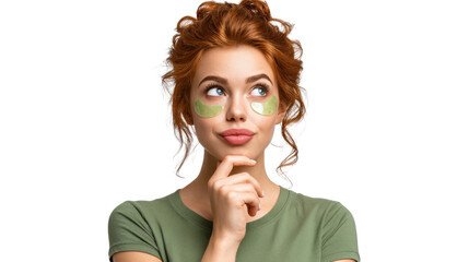 Serene Contemplation: A woman with red hair and patches under her eyes stares pensively upwards, lost in thought. A moment of tranquil contemplation.