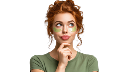 Serene Contemplation: A woman with red hair and patches under her eyes stares pensively upwards, lost in thought. A moment of tranquil contemplation.