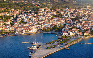 Aerial summer sunset view of the town and marina of Pylos, Navarino Coast, Peloponnese, Greece