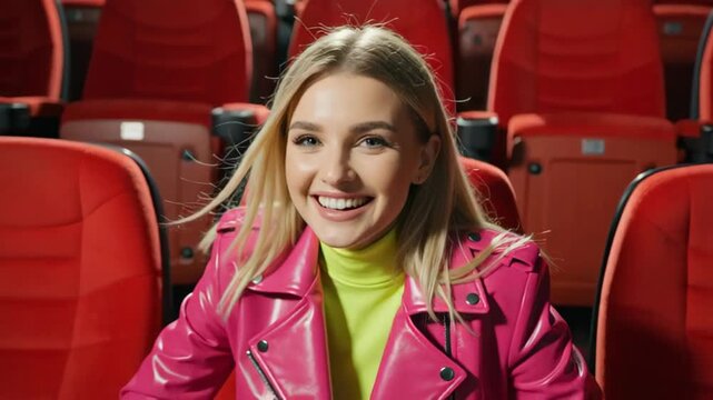 A young woman with light blonde hair wearing a pink leather jacket and bright green shirt, sitting in a red theater seat, looking upward thoughtfully, expressing anticipation and curiosity