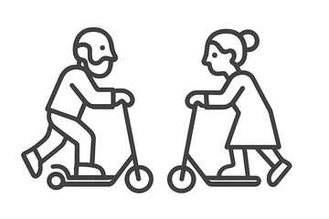 Active senior couple riding kick scooters together enjoying outdoor recreation and mobility