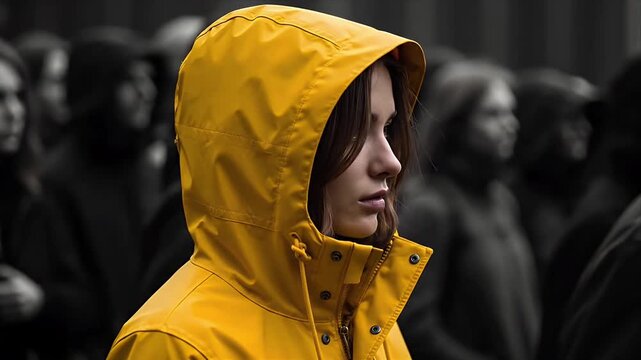 Young woman wearing a bright yellow hooded raincoat stands out sharply against a blurred background crowd symbolizing individuality and difference