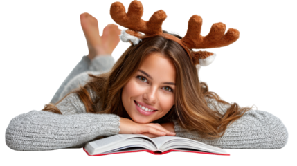 Cozy Christmas Reader: A radiant woman, adorned with festive reindeer antlers, finds solace and joy in reading a book, embracing the spirit of the season.