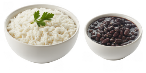 White rice and black beans in bowls isolated on a transparent background
