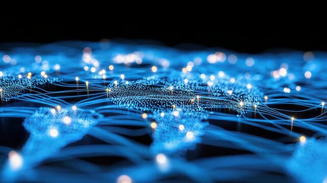Glowing global network map with blue data connectivity, glowing nodes and flowing map connections