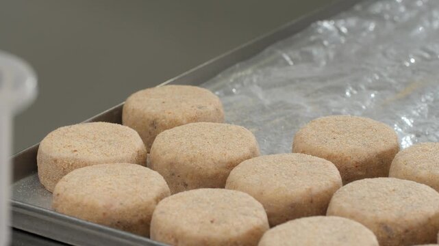Fresh patties covered with crisp golden breadcrumbs put in tidy organized rows on chilled metal tray. Even structured layout supports smooth freezing process improving stable industrial storage
