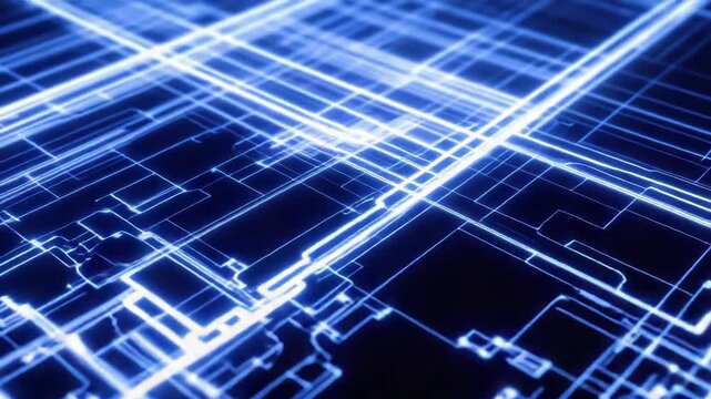 Glowing blue circuit board neon pathways and electronic technology grid with futuristic circuit
