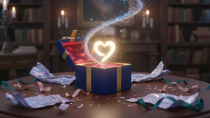 Enchanted Blue Gift Box with Glowing Heart and Magic Sparkle | Festive Surprise for Christmas and Valentine&rsquo;s Day | Whimsical Holiday Illustration with Bookshelf Background

