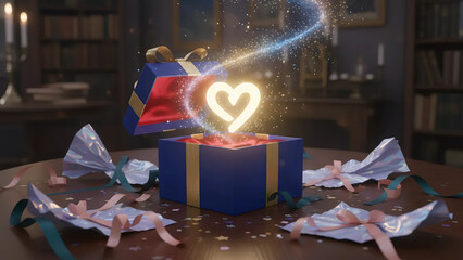 Enchanted Blue Gift Box with Glowing Heart and Magic Sparkle | Festive Surprise for Christmas and Valentine&rsquo;s Day | Whimsical Holiday Illustration with Bookshelf Background

