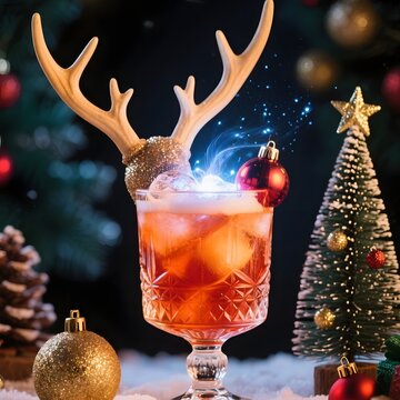 4k high quality Ai generative HD photo realistic red white Christmas tree deer magical fantasy cold drink sparkle soda cola winter snow bauble decoration cookies rosella tea 