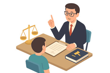 Lawyer giving legal advice to client at desk with contract documents and scales of justice
