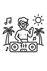 Happy DJ mixing music outdoors at a sunny beach party with palm trees and musical notes