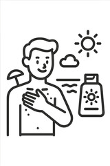 Man applying sunscreen to his chest while standing near the ocean on a sunny day