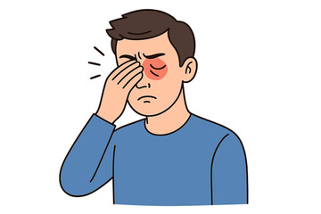 Young man covering irritated red eyes with hand due to severe pain or headache